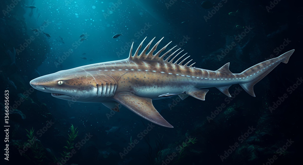 Fototapeta premium Swimming Cladoselache Shark in Deep Ocean with Light Rays Illustration