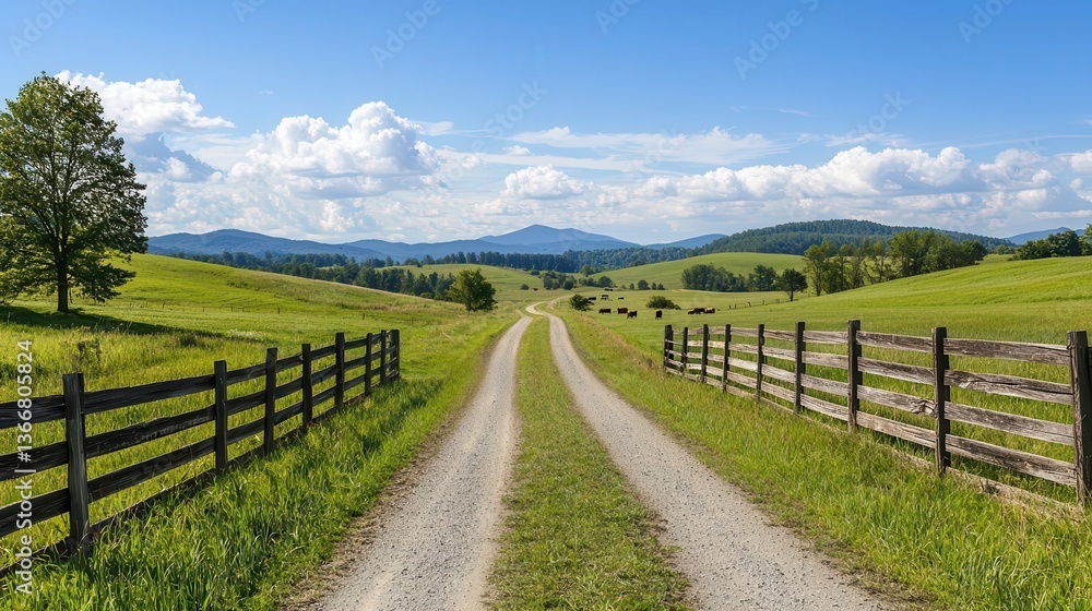 Remote country road with rustic wooden fences and grazing cows in the distance, peaceful farmland view Remote country road with rustic wooden fences and grazing cows in the distance, peaceful farmland view