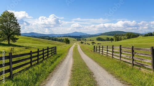 Remote country road with rustic wooden fences and grazing cows in the distance, peaceful farmland view