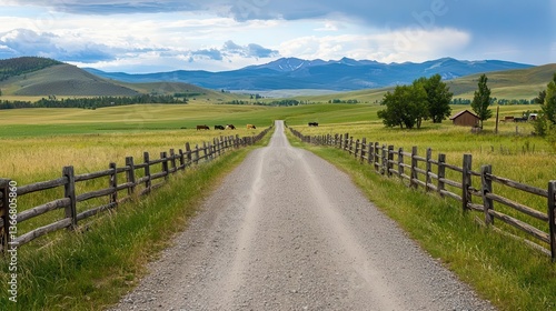 Remote country road with rustic wooden fences and grazing cows in the distance, peaceful farmland view