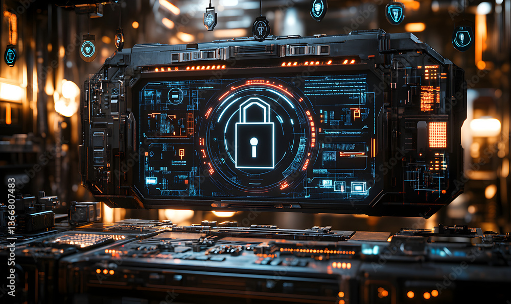 Naklejka premium Futuristic Digital Security Interface with Padlock
