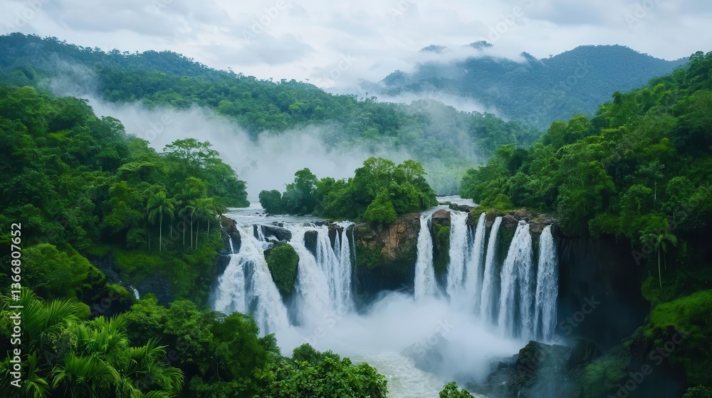 Fototapeta premium Thunderous waterfall during monsoon season, heavy mist filling the air, dense jungle surrounding the powerful flow