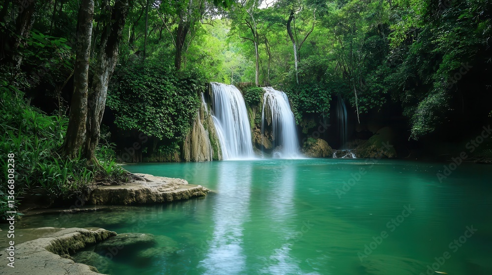 Fototapeta premium Tropical waterfall with multiple cascades flowing into emerald green pools, surrounded by dense jungle foliage