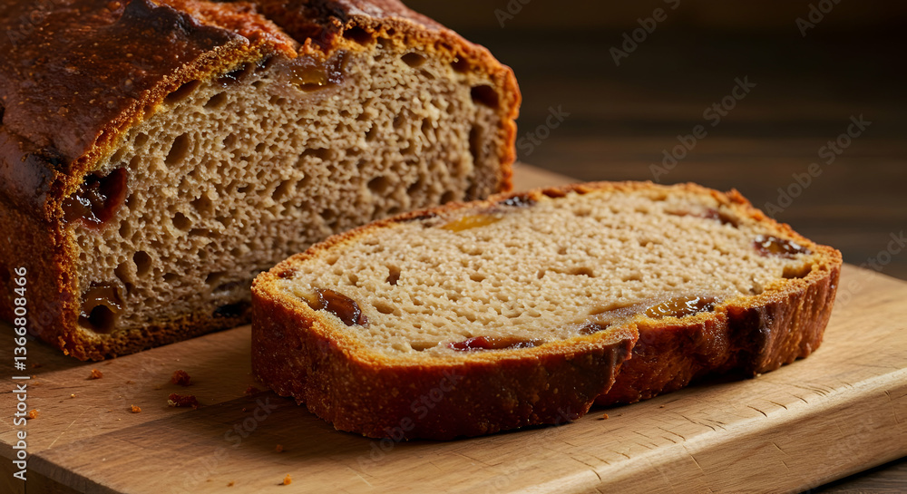 Closeup Sliced Raisin Loaf On Rustic Wooden Board Closeup Sliced Raisin Loaf On Rustic Wooden Board