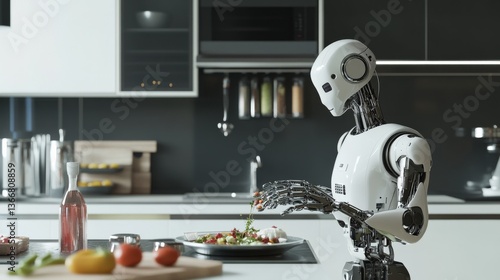A robotic chef preparing a gourmet meal, futuristic smart kitchen with AI-driven cooking algorithms and precision robotic arms, High-tech style