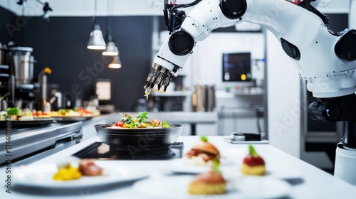 A robotic chef preparing a gourmet meal, futuristic smart kitchen with AI-driven cooking algorithms and precision robotic arms, High-tech style