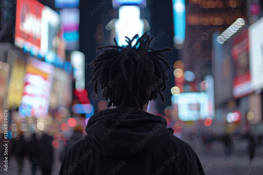 Young black man facing away from camera in blurred times square Young black man facing away from camera in blurred times square