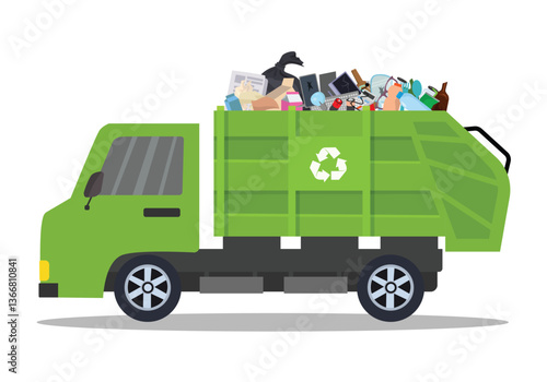 Garbage truck loaded with trash waste going to landfill