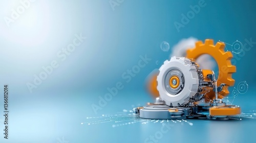 Mechanical gear system with orange and white cogwheels representing industry automation engineering progress and technological innovation  Conceptual image showcasing modern processes