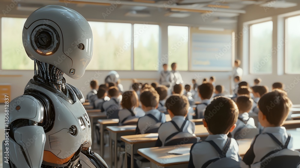 Fototapeta premium Engaging students with a robotic teacher in a bright classroom