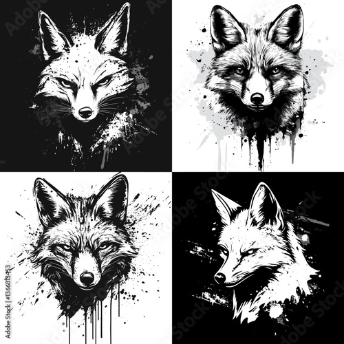 Black and white fox illustrations with ink splash effects, detailed and expressive animal portraits, perfect for modern wildlife art, tattoo designs, and creative graphic projects.

