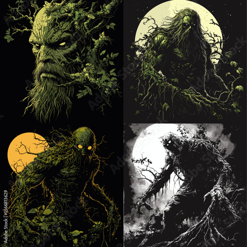 Dark fantasy swamp creatures with eerie glowing eyes, twisted tree-like forms, and haunting moonlit backgrounds, perfect for horror, mythology, and supernatural-themed designs.

