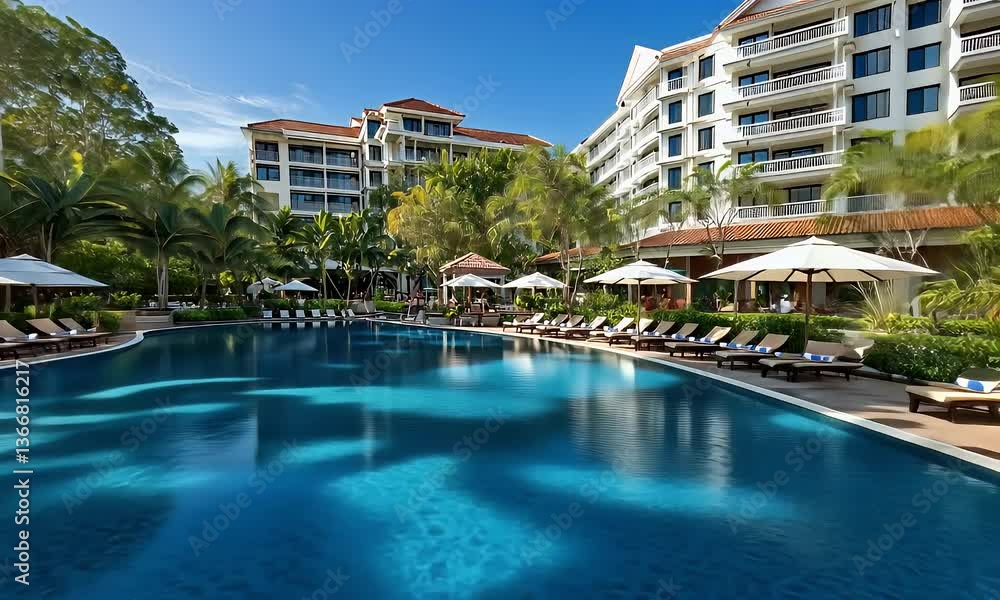 Scenic Luxury Resort with a Swimming Pool Surrounded by Lush Palm Trees and Sun Loungers Scenic Luxury Resort with a Swimming Pool Surrounded by Lush Palm Trees and Sun Loungers