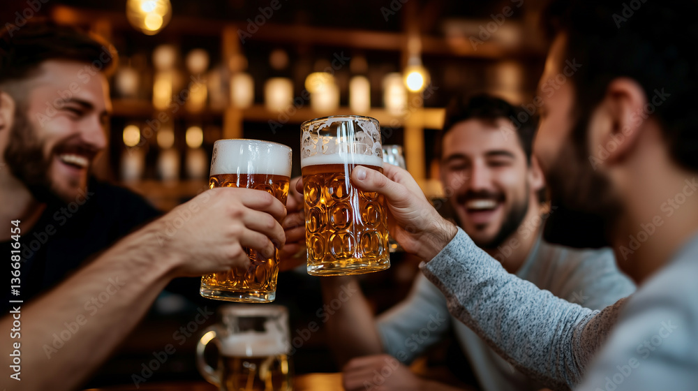 Friends enjoying beer together at a lively bar Friends enjoying beer together at a lively bar