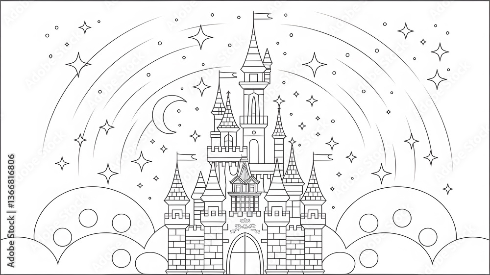 Naklejka premium Colorful fantasy castle surrounded by stars, clouds, and a crescent moon in a whimsical landscape