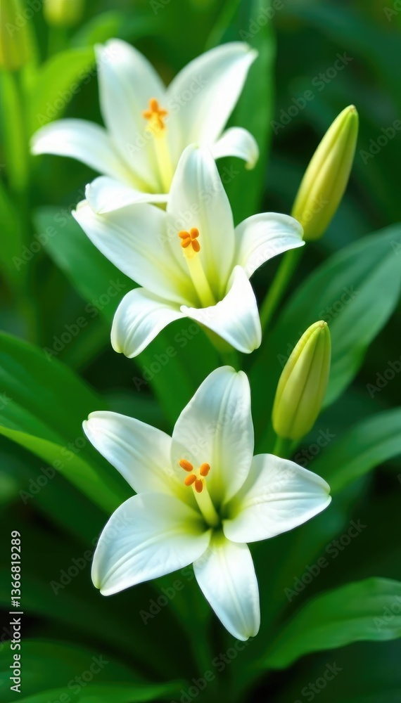 Fototapeta premium Delicate white lily blooms on lush green foliage, leaf, white