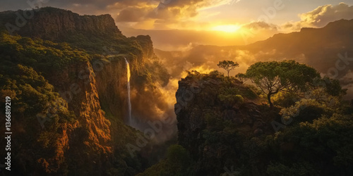 Majestic waterfall cascading down cliffside at sunset in lush mountain landscape