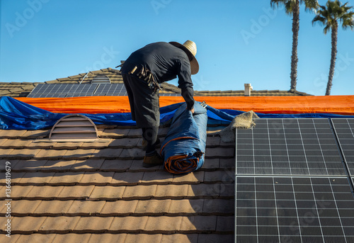 Wallpaper Mural Eye level with a worker wearing a straw hat installing an orange and blue  fumigation tent on a house Torontodigital.ca