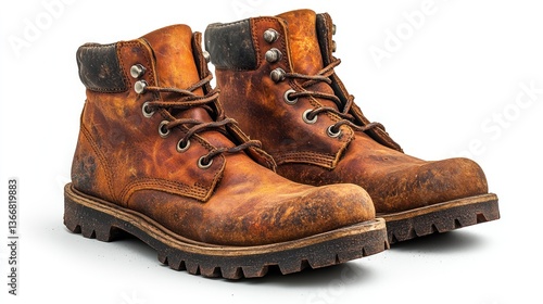 Pair of worn brown leather boots isolated on white background. (1)