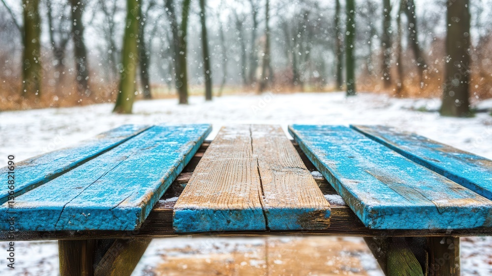 Fototapeta premium Snowy Day Blue Wooden Park Bench Winter Scene
