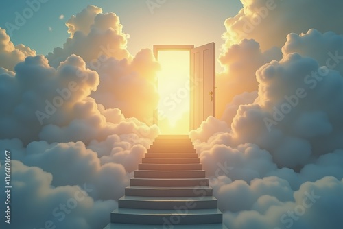 Surreal heavenly staircase leading through glowing clouds to an open doorway radiating golden light, symbolizing a divine portal to another realm, spiritual and dreamlike scene
