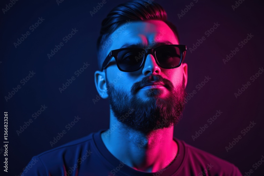 Obraz premium Stylish bearded man wearing sunglasses in moody neon lighting with blue and pink tones, modern fashion portrait with futuristic cyberpunk aesthetic and confident attitude