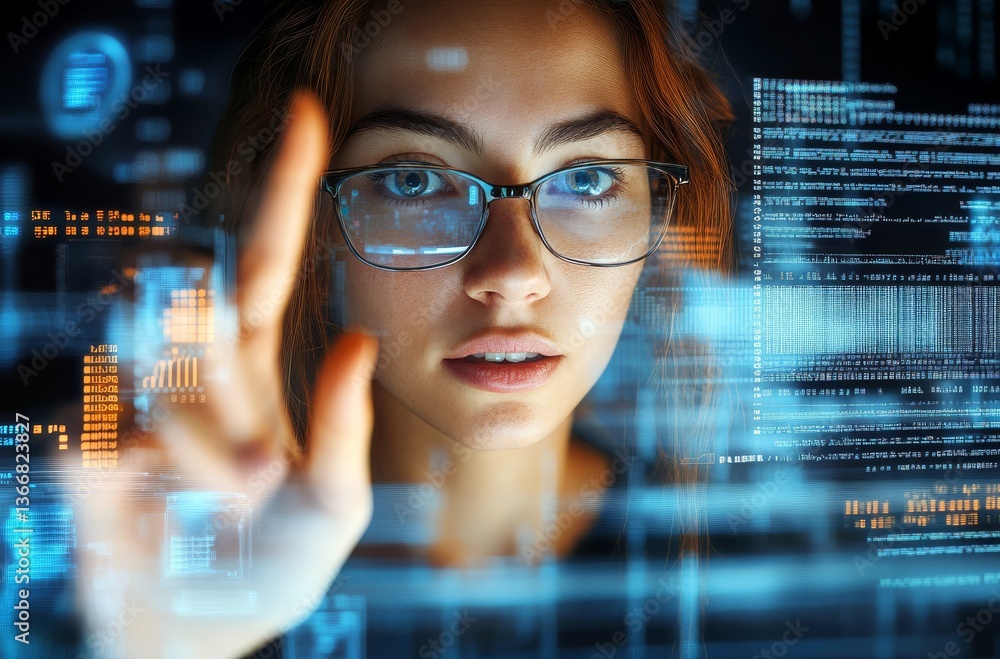 Woman Interacting with Futuristic Digital Interface Woman Interacting with Futuristic Digital Interface