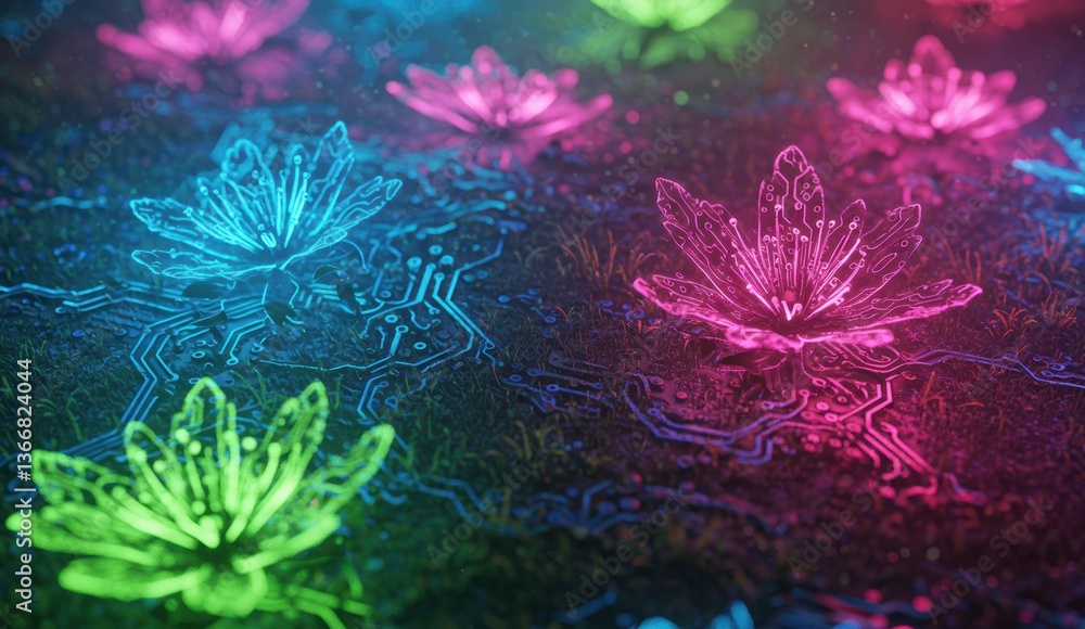 Fototapeta premium Glowing neon flowers in circuit board pattern, showcasing futuristic technology and environmental themes.