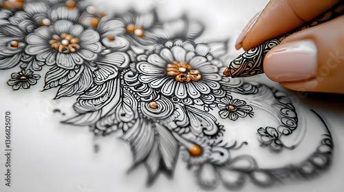 Henna artist creating floral design on skin