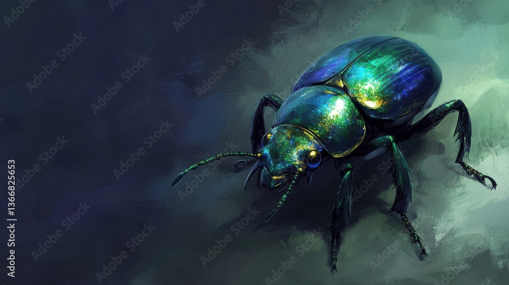 Fototapeta premium A vibrant scarab beetle with iridescent blue and green hues crawling on a smooth surface, with copy space.