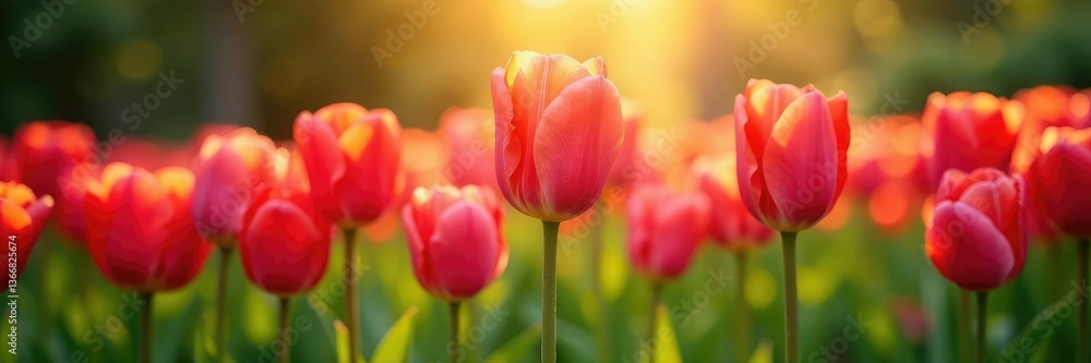 Garden of tulips bathed in soft morning light, bloom, blossom, dawn Garden of tulips bathed in soft morning light, bloom, blossom, dawn