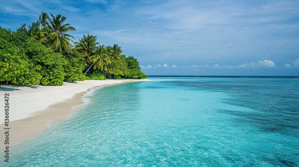 Fototapeta premium Picturesque beach with white sand, turquoise waters and palm trees gently swaying in breeze, capturing serene beauty of tropical islands for vacation.