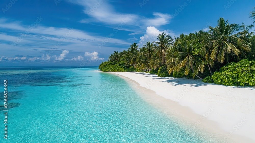 Fototapeta premium Picturesque beach with white sand, turquoise waters and palm trees gently swaying in breeze, capturing serene beauty of tropical islands for vacation.