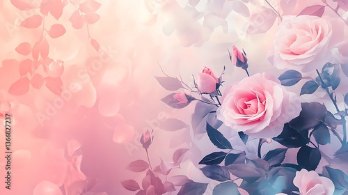 Elegant pattern featuring delicate roses and leaves over a soft pastel background