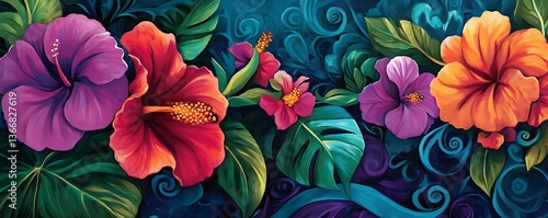 Exotic floral details paired with swirling accents for a tropical theme