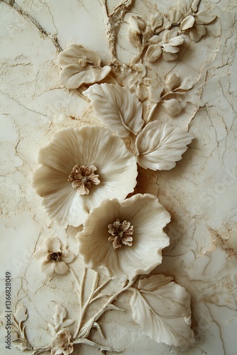 Exquisite floral accents with detailed leaves and petals on a textured base