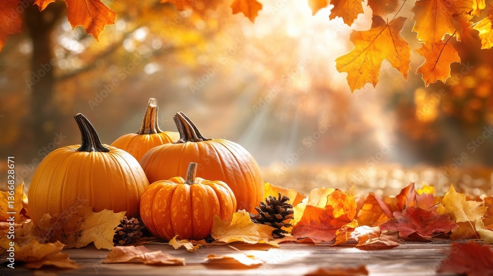 Naklejka premium Autumnal Pumpkins and Fall Leaves