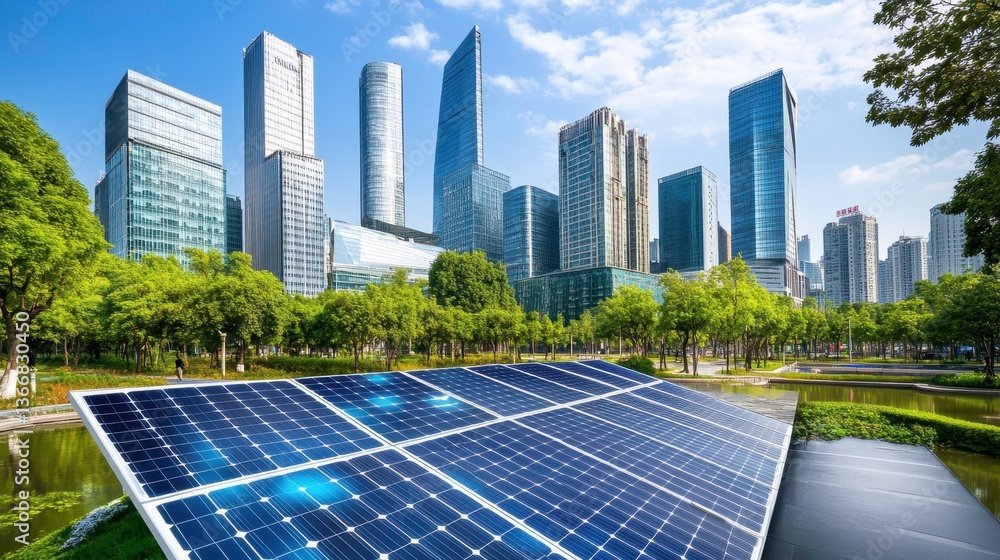 Fototapeta premium Green City: Solar Panels & Skyscrapers - Sustainable architecture