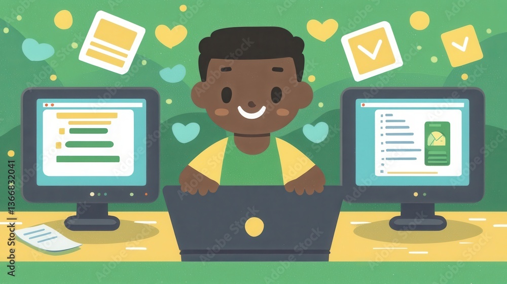 Fototapeta premium Happy child using laptop and computers online learning technology education