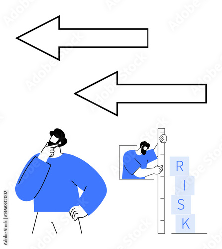 Pensive person considers options with opposite arrows another measures risks with the word RISK. Ideal for decision-making, risk assessment, business strategy, analysis, problem-solving, choice, flat