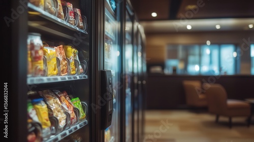 vending machine in a hotel lobby, offering a variety of quick snacks and drinks for guests