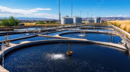 the expansive layout of a wastewater treatment pond, with filtration units and water purifiers in place.