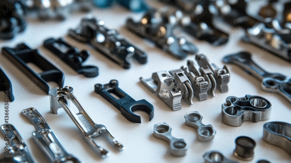 Precision metal parts and components arranged on a white surface. Precision metal parts and components arranged on a white surface.