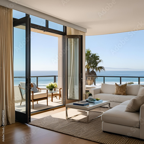 Spacious Open Two-Section Balcony with Tropical Ocean View and White Sectional Sofa