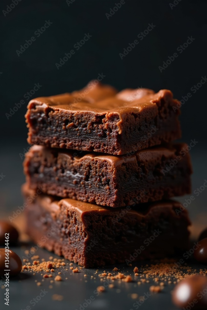 Rich chocolate brownies with fudgy texture on dark surface, sweettooth, darkbackground Rich chocolate brownies with fudgy texture on dark surface, sweettooth, darkbackground