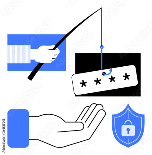 Password being hooked by phishing attempt, hand symbolizing help, shield ensuring protection. Ideal for cybersecurity, online safety, hacking prevention, cybersecurity awareness, safe browsing