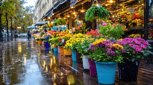 Fototapeta Naklejka Na Ścianę i Meble -  Rainy Day Flowers, Parisian Street Market - Moody and atmospheric p.