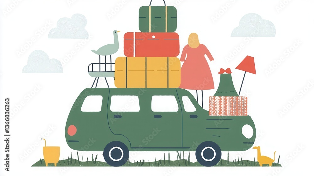 Obraz premium Family Road Trip Packed Car Happy Journey Ahead