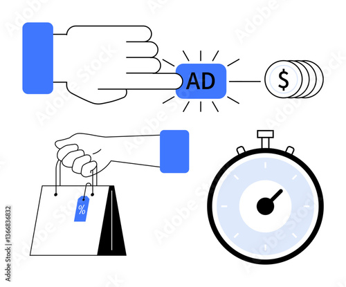 Hand pressing Ad button coins with dollar sign hand holding shopping bags and stopwatch. Ideal for marketing, eCommerce, sales, advertising, shopping, time management, cost efficiency. Line