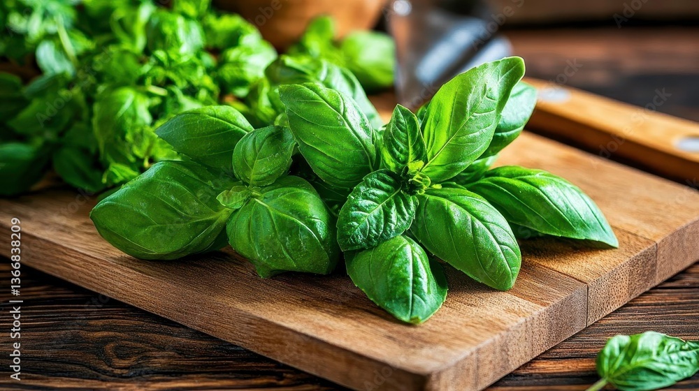 Fresh Basil Leaves on Wooden Board - - Fresh and natural food photo. Fresh Basil Leaves on Wooden Board - - Fresh and natural food photo.